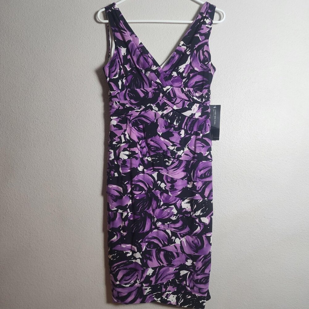 NWT Jones New York Dress Womens 6P Purple Orchid Multi Sheath Sleeveless Ruched